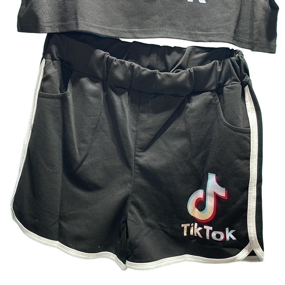 TikTok Logo Cropped Tee Shorts Lounge Set Pockets Large Bonus Tik Tok Stickers - Picture 5 of 16